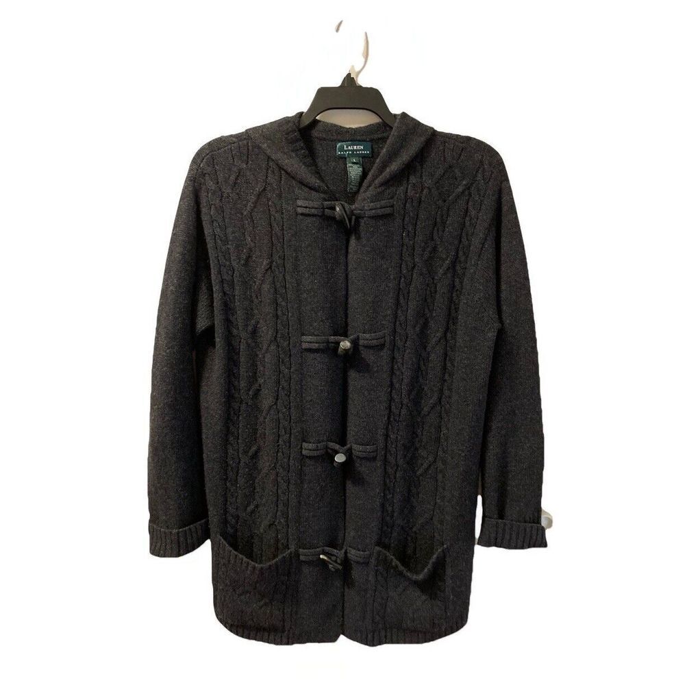 Ralph Lauren Cardigan Sweater Gray Sz L Horn Toggle Hood Cashmere Angora VTG